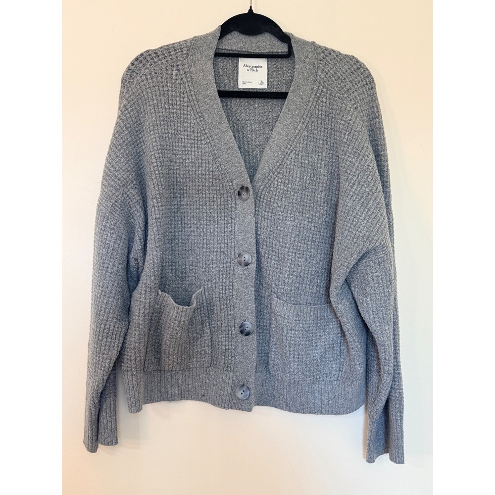 Abercrombie & Fitch Womens XL Grey Waffle Knit Button Front Cardigan Sweater